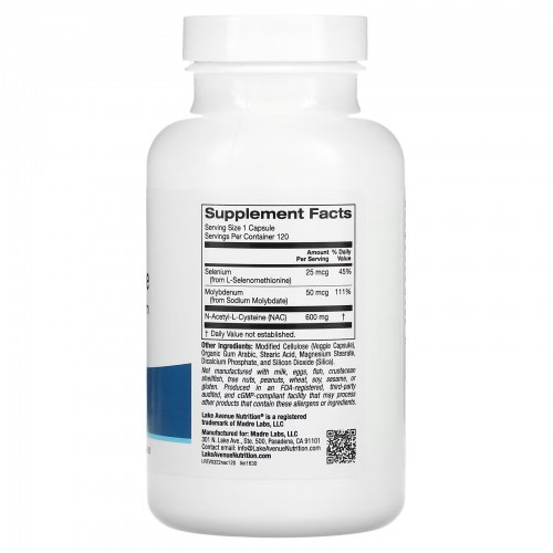 Lake Avenue Nutrition, NAC, N-ацетилцистеин с селеном и молибденом, 600 мг, 120 растительных капсул Lake Avenue Nutrition, NAC, N-ацетилцистеин с селеном и молибденом, 600 мг, 120 растительных капсул